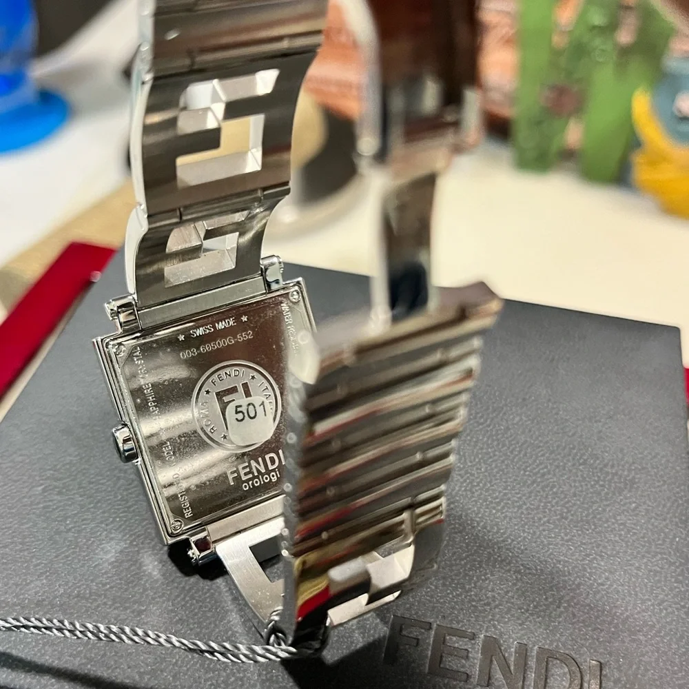 FENDI QUADRO WOMEN NIB AUTHENTIC LOGO SQUARE M.O.P. BLK STAINLESS STEEL WATCH